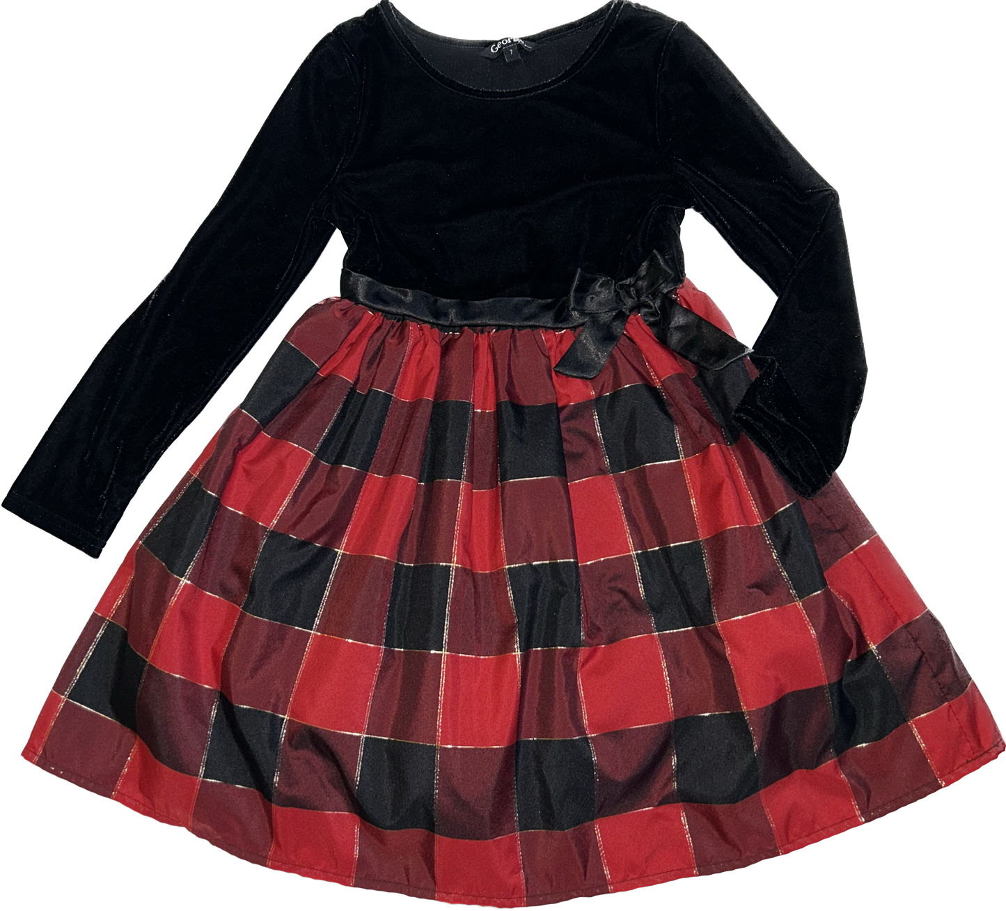 George • Size 7 Long Sleeve Dress with Crushed Velvet Top & Plaid Skirt