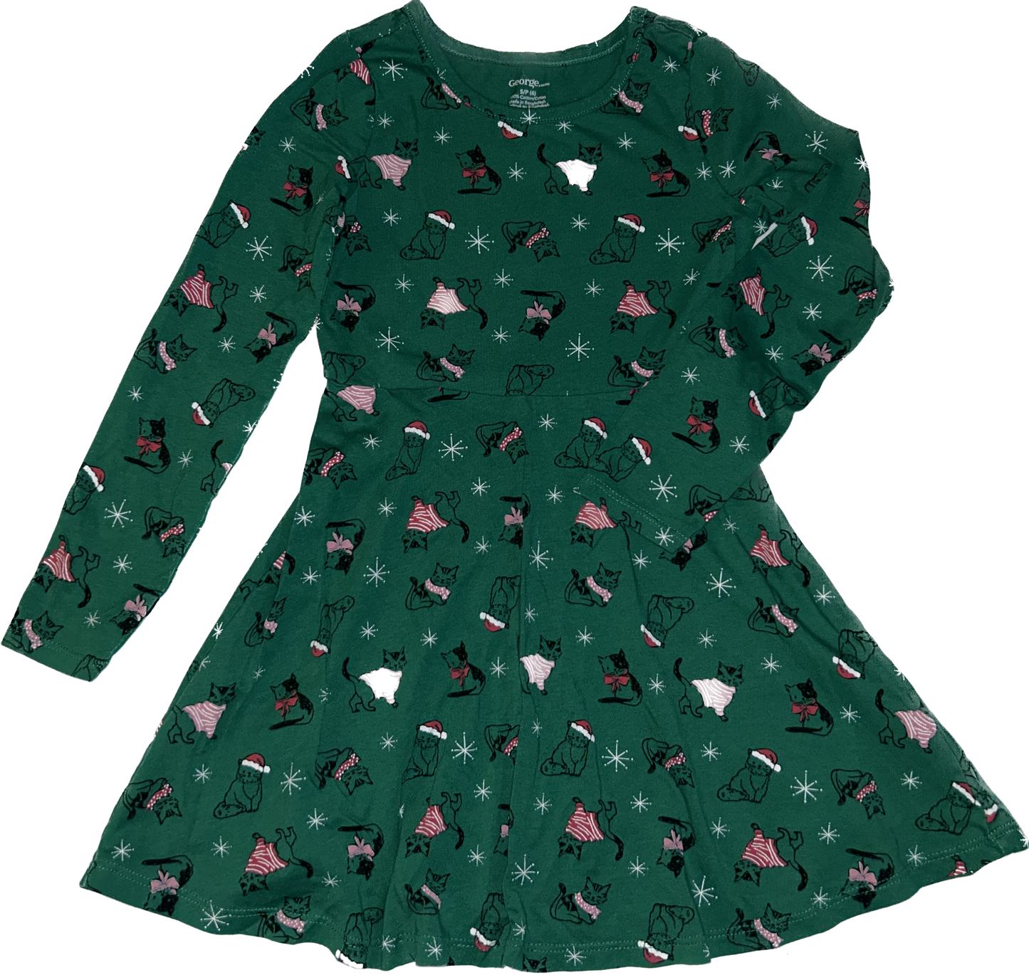 George • Size 6 Long Sleeve Green Dress with Christmas Cats