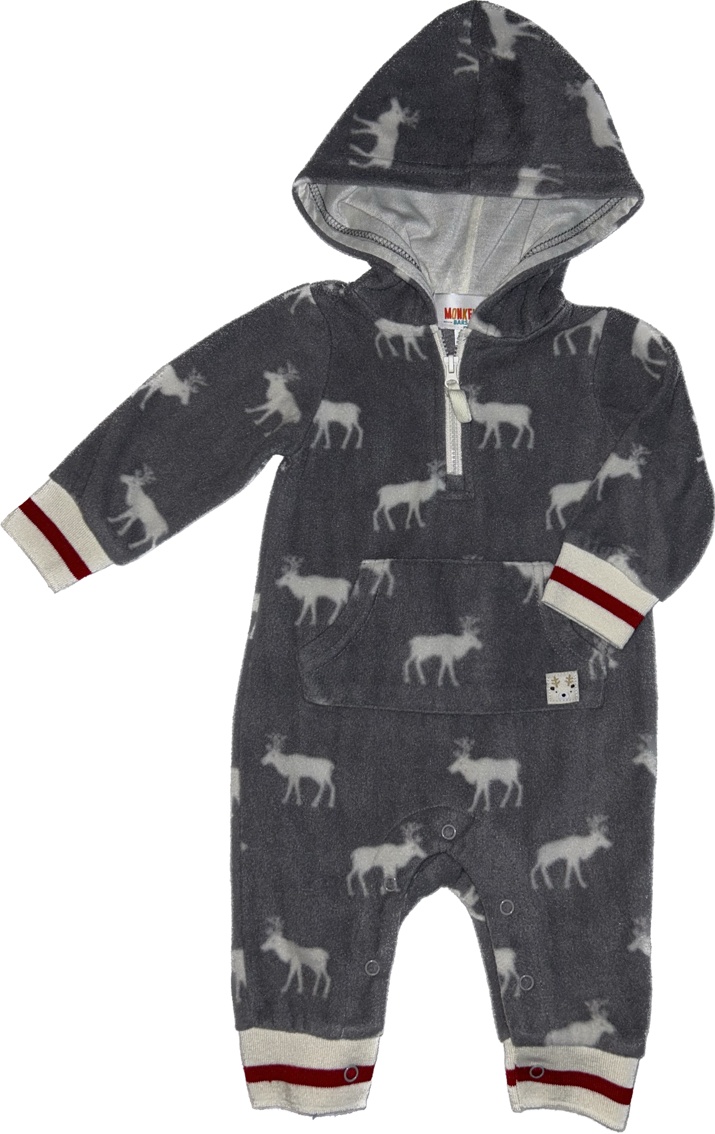 Monkey Bars • 3-6 months Half-Zip MicroFleece Reindeer One-Piece with Kangaroo Pocket